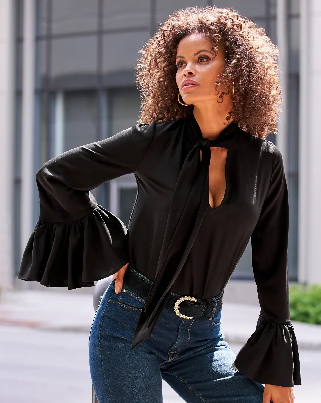 Savings Spectacular Keyhole Tie Neck Ruffle Sleeve Blouse Black