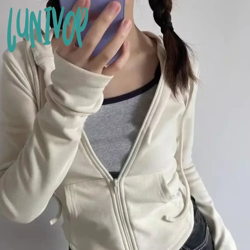 Lunivop Vintage Zip Up Cropped Hoodies Women Korean Style Streetwear Hooded Sweatshirts Kpop Solid Color Y2k Long Sleeve Tops