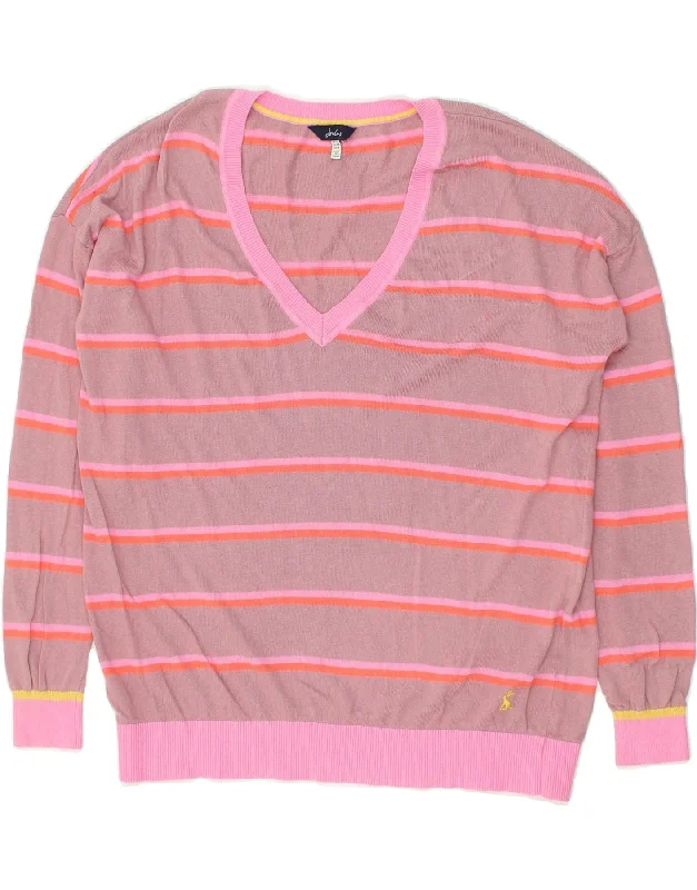 JOULES Womens Loose Fit V-Neck Jumper Sweater UK 12 Medium Pink Striped