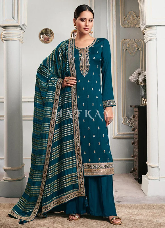 Time-Limited Offer Turquoise Embroidered Palazzo Style Suit