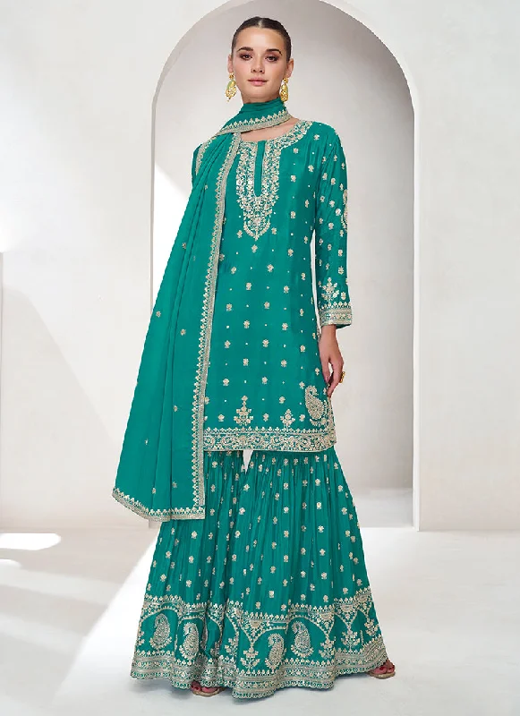 Savings Bonanza Turquoise Sequence Embroidery Gharara Style Suit
