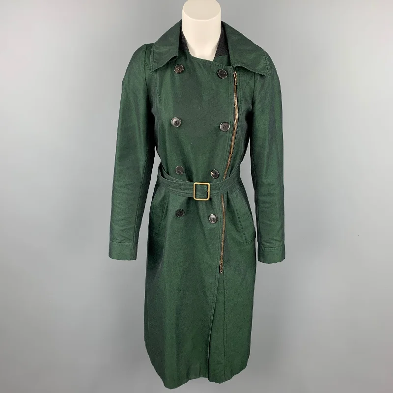 DRIES VAN NOTEN Size 8 Dark Green Cotton Double Breasted Belted Coat