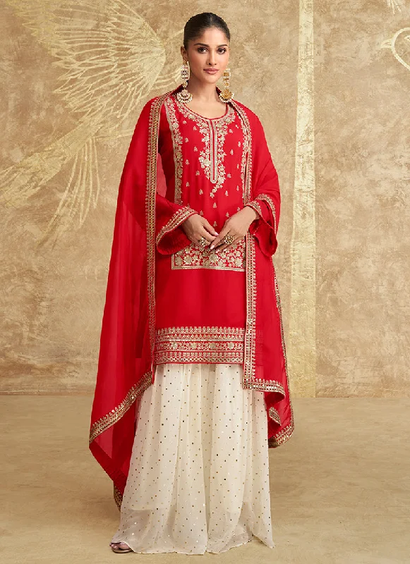 Price Blitz Red And Off White Embroidered Gharara Style Suit