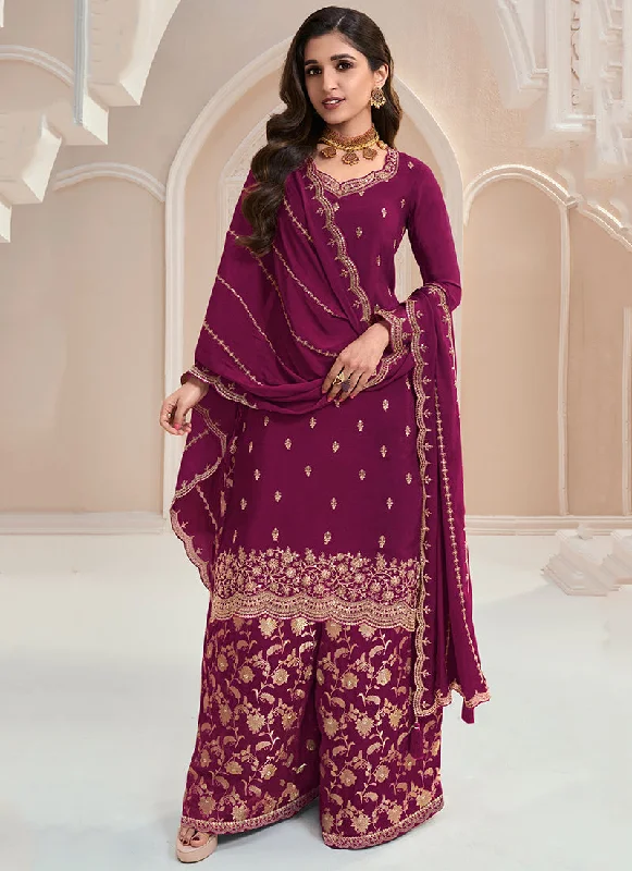 Time-Limited Offer Deep Wine Traditional Embroidered Festive Palazzo Suit