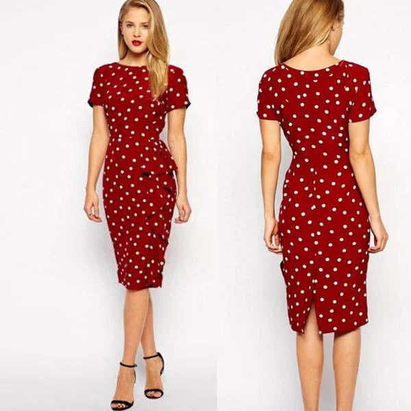 Closeout Slim Print Dots O-neck Short Sleeve Knee-length Dress