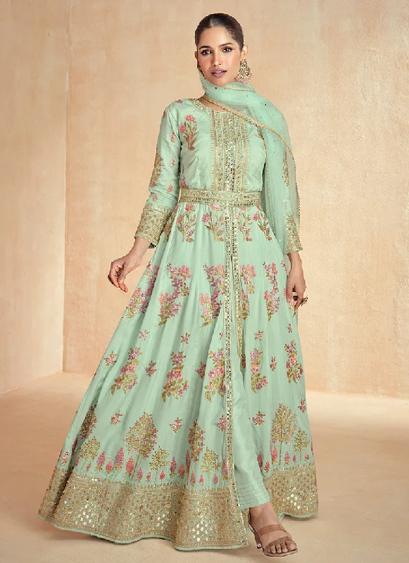 Mega Deal Mint Green Multi Embroidery Slit Style Anarkali Pant Suit