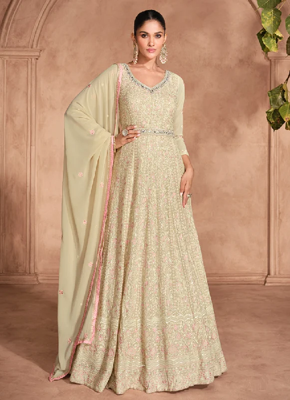 Deal Dash Beige Chikankari Embroidery Festive Anarkali Dress