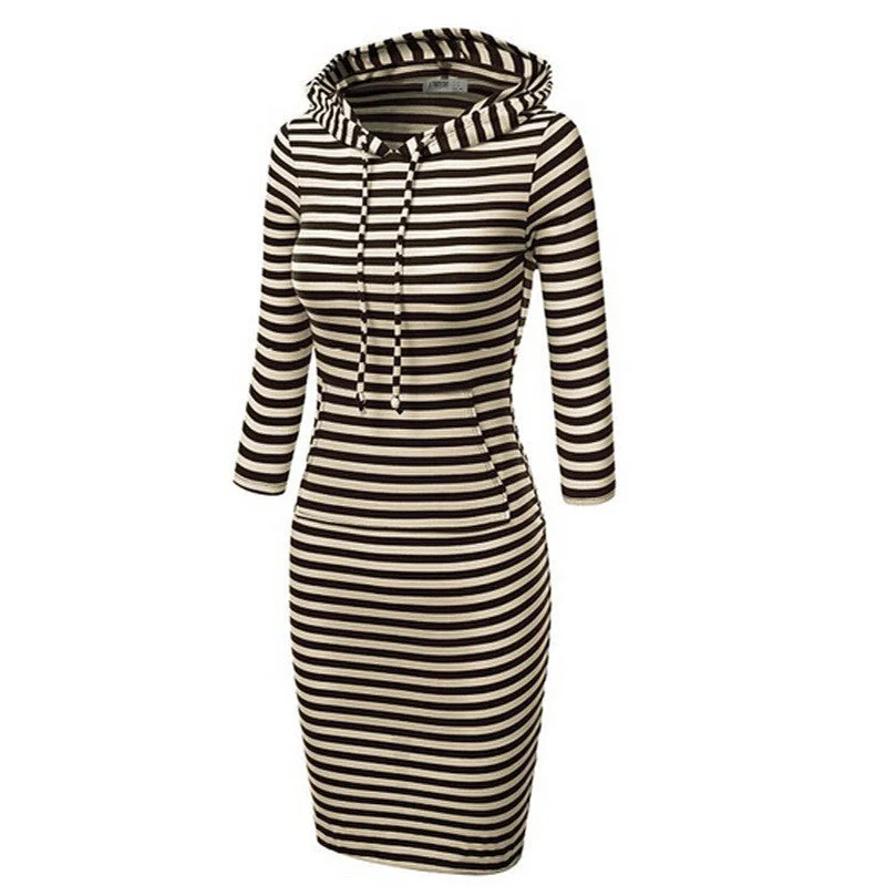 Daily Deals Hooded Mid-Calf Striped Slim Fashion Sweat Dress