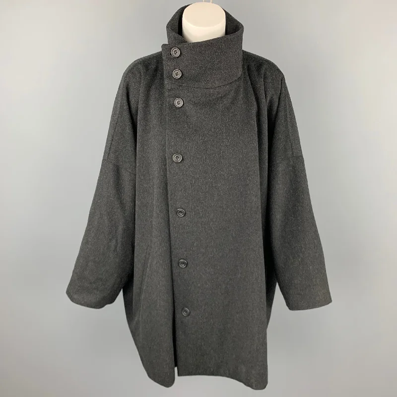 ESKANDAR Size L Charcoal Heather Wool / Cashmere Oversized High Collar Coat