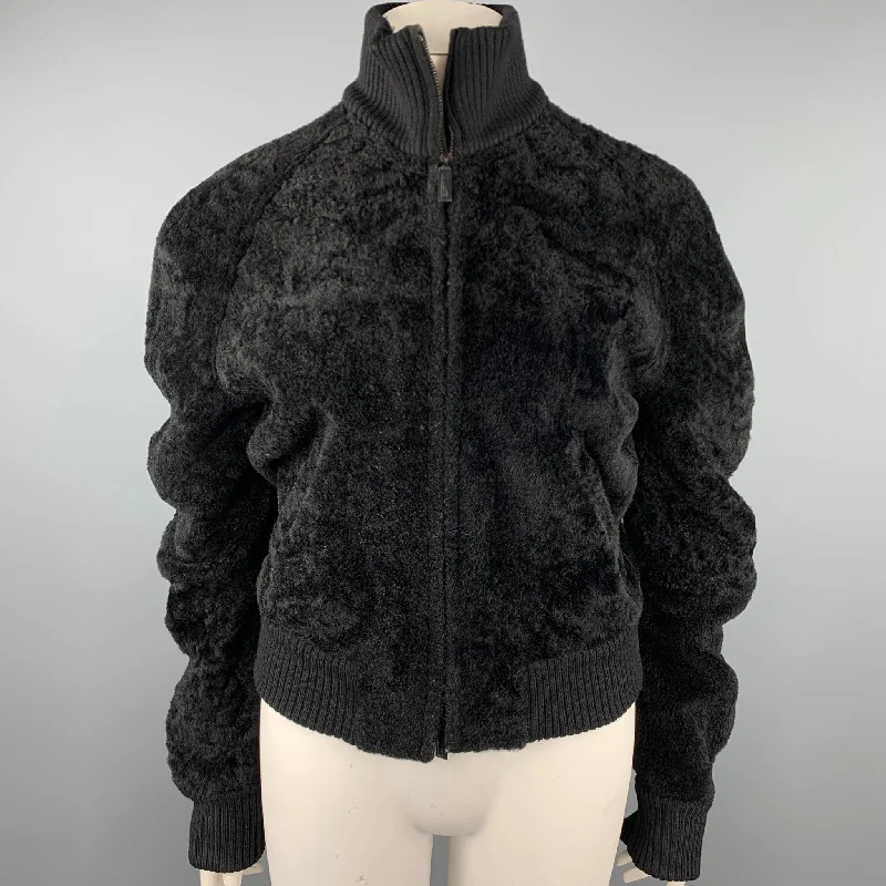 CALVIN KLEIN Size 8 Black Textured Shearling Zip Up Jacket