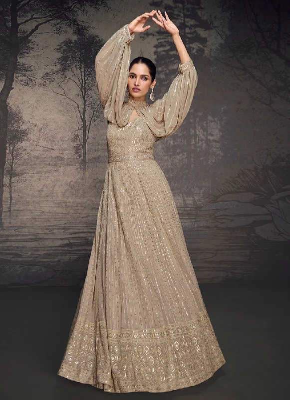 Weekend Flash Sale Beige Golden Embroidered Georgette Anarkali Dress