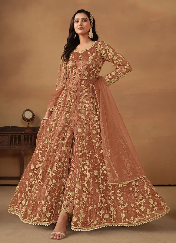 Online Exclusive Peach Embroidered Slit Style Anarkali Pant Suit