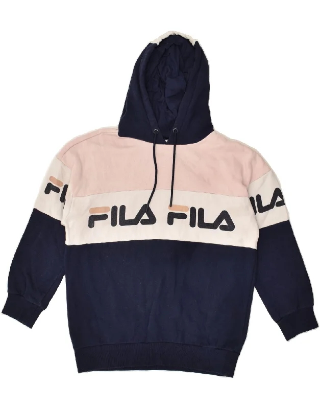 FILA Womens Graphic Hoodie Jumper UK 10 Small Navy Blue Colourblock Cotton