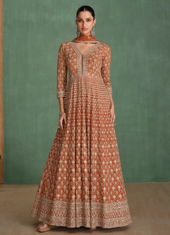 Must-Have Deals Rustic Orange Traditional Embroidery Festive Anarkali Dress