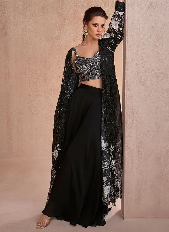 Low Prices Black And White Sequence Embroidery Cape Style Palazzo