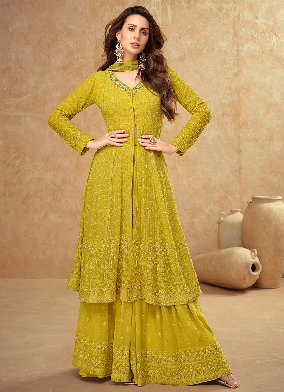Huge Discounts Canary Yellow Traditional Embroidery Slit Style Anarkali Palazzo Suit