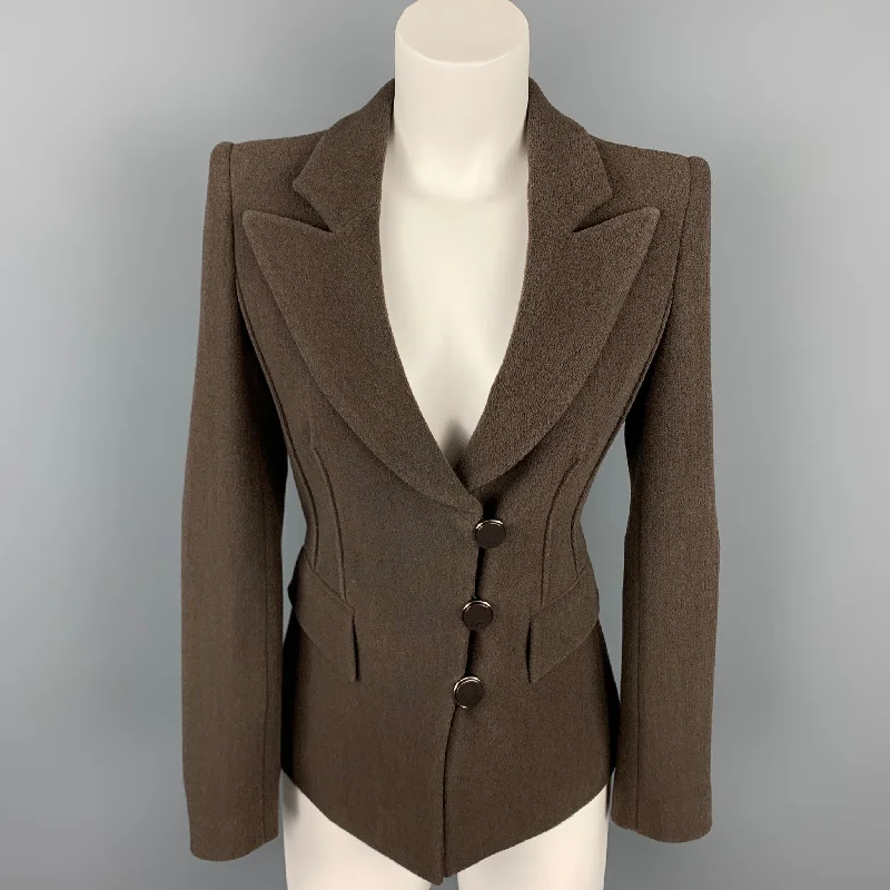 GIORGIO ARMANI Size 0 Brown Crepe Wool Blend Peak Lapel Jacket Blazer