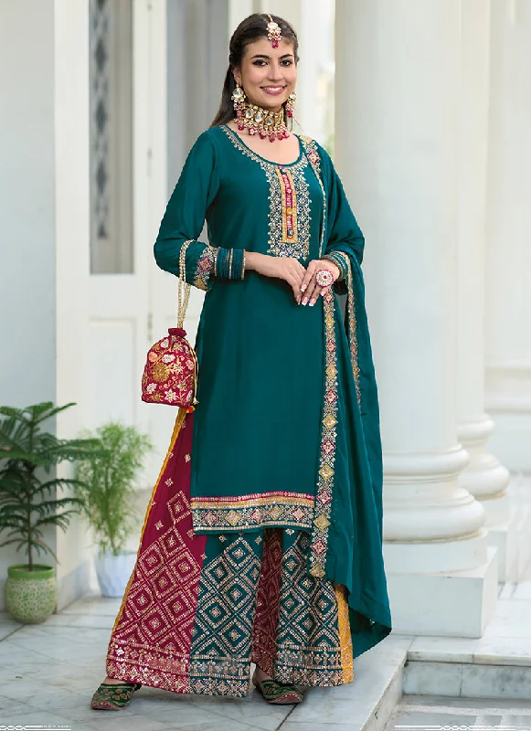 Don't Miss Turquoise Multi Embroidery Traditional Gharara Style Suit