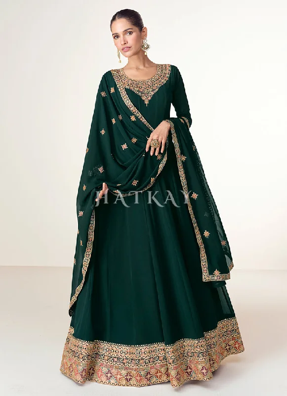 Anniversary Sale Dark Green Multi Embroidery Anarkali Dress
