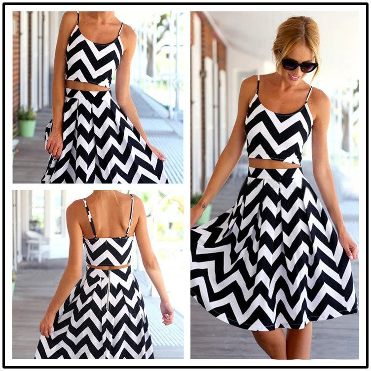 Special Price Striped Spaghetti Strap Crop Top Pleated Knee-length Skirt Dress Suit