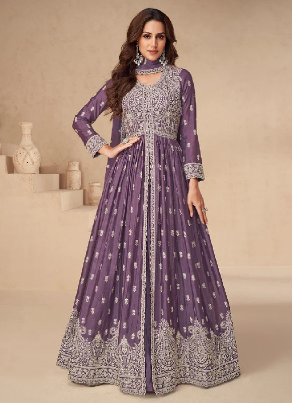 Super Sale Rich Purple Embroidered Slit Style Anarkali Lehenga