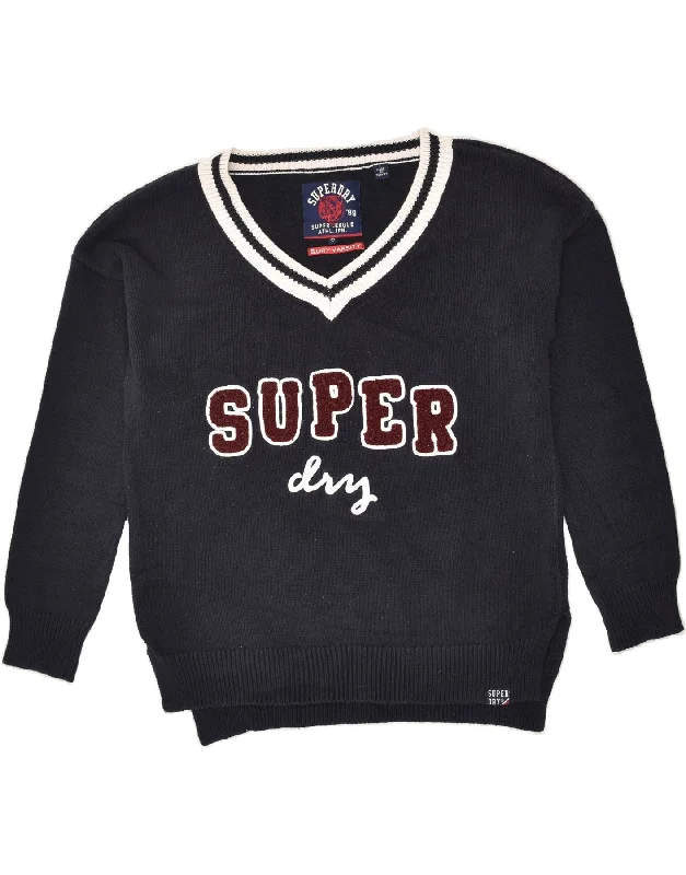 SUPERDRY Womens Graphic V-Neck Jumper Sweater UK 10 Small Navy Blue Cotton