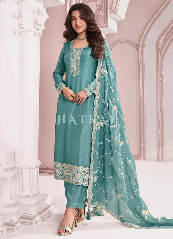 Blowout Deals Teal Blue Thread Embroidery Pakistani Suit