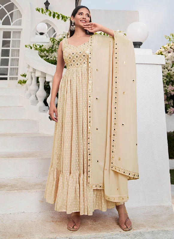 One-DAY Sale Beige Mirror Work Embroidered Jacquard Anarkali Suit