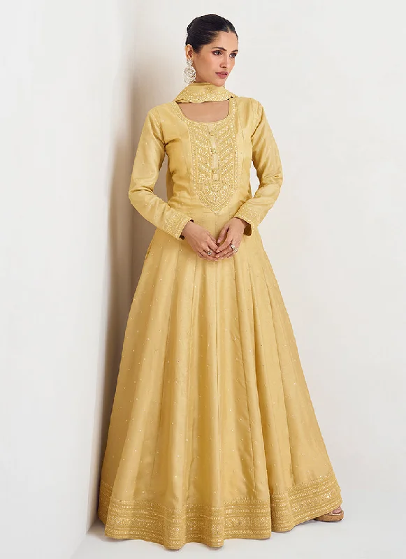 New Deals Pastel Yellow Sequence Embroidery Wedding Anarkali Gown
