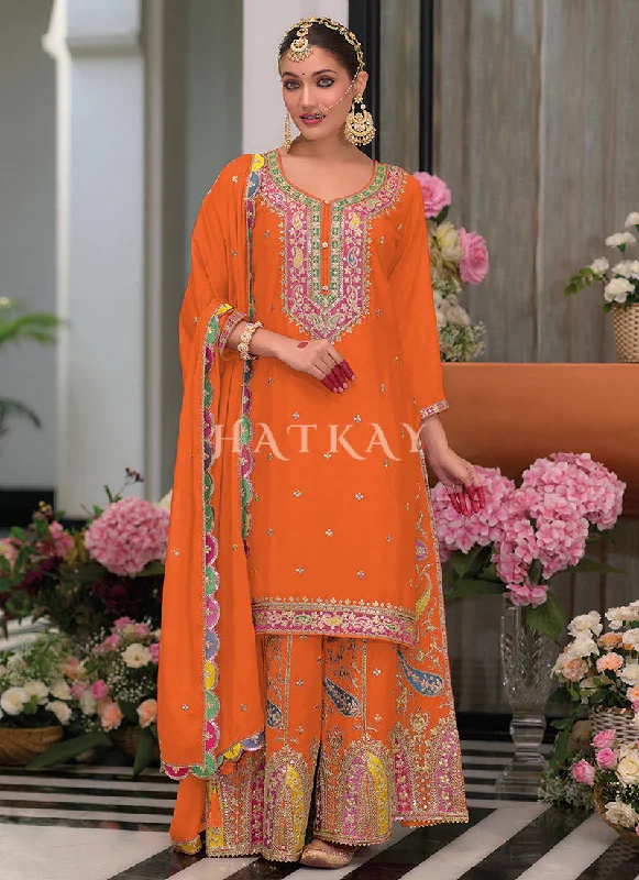 Steals and Deals Orange Multi Embroidery Palazzo Suit