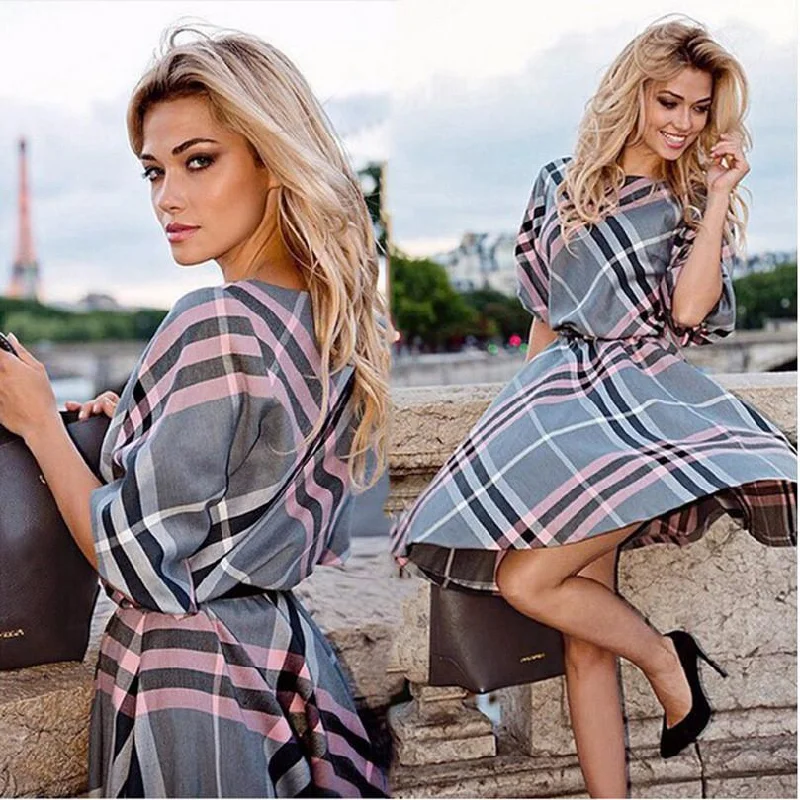 Online Specials Half Sleeves Plaid Loose Knee-length Dress