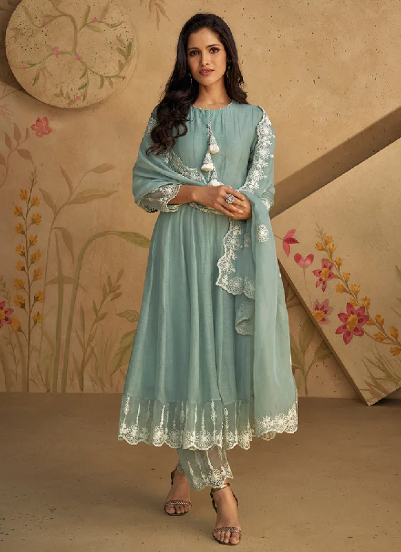 Last Chance Pastel Blue White Short Embroidery Anarkali Pant Style Suit