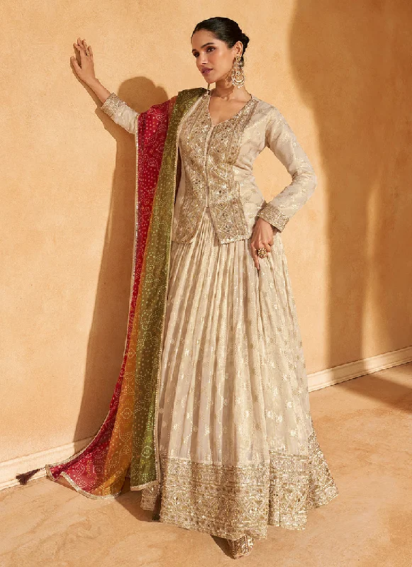 Online Exclusive Beige Golden Embroidery Designer Lehenga Kurti