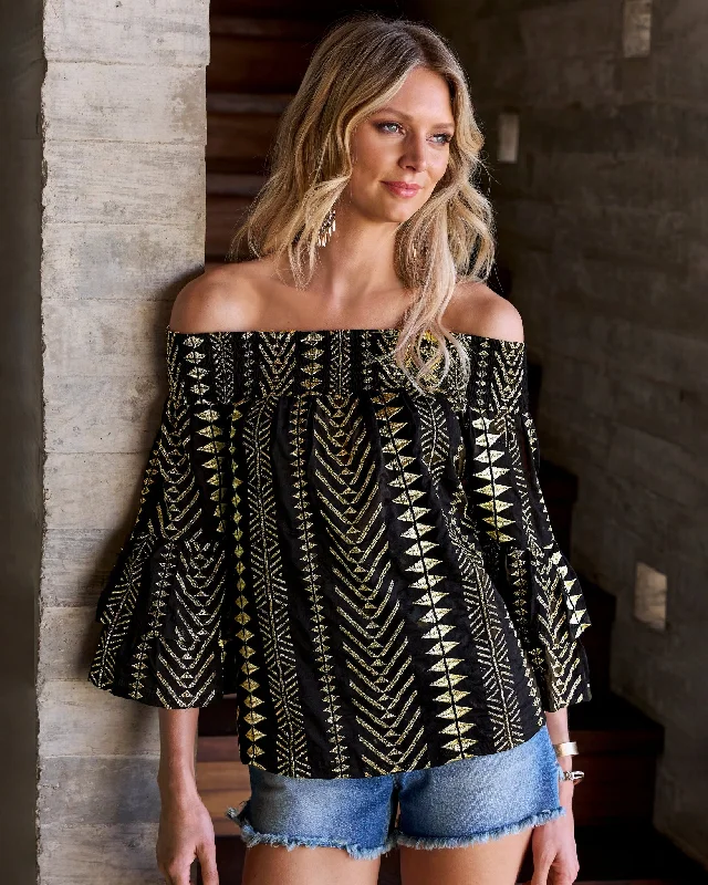 Year-End Sale Gold Metallic Patterned Off the Shoulder Tiered Sleeve Blouse Black/Gold Year-End Sale Gold Metallic Patterned Off the Shoulder Tiered Sleeve Blouse Black/Gold