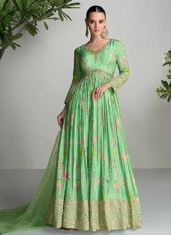 Deal Dash Light Green Floral Printed Handwork Embroidered Anarkali Gown