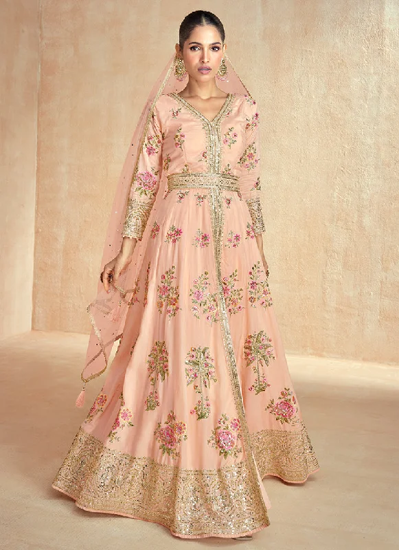 Discount Extravaganza Peach Multi Embroidery Slit Style Anarkali Pant Suit