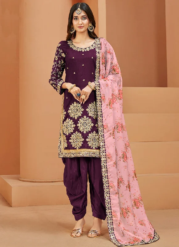 Steals and Deals Purple Embroidery Silk Festive Salwar Suit