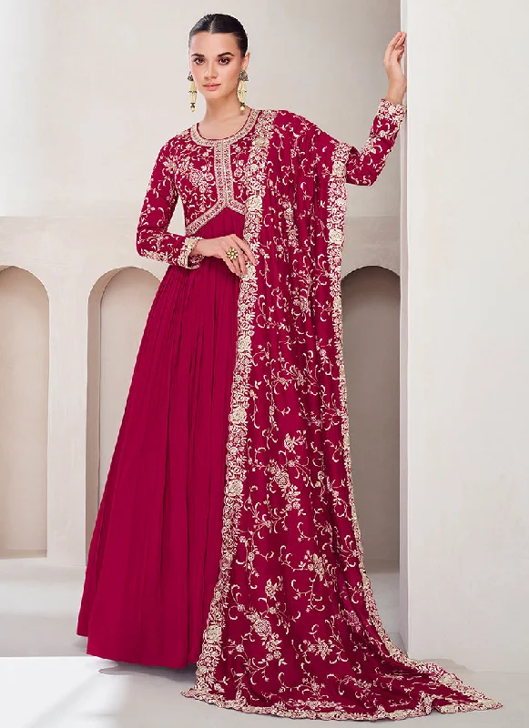 Closeout Sale Magenta Golden Embroidery Designer Anarkali Gown Dress
