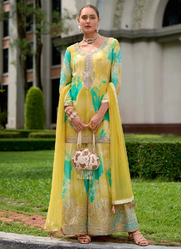 Flash Sale Yellow Multicoloured Sequence Embroidery Printed Palazzo Suit