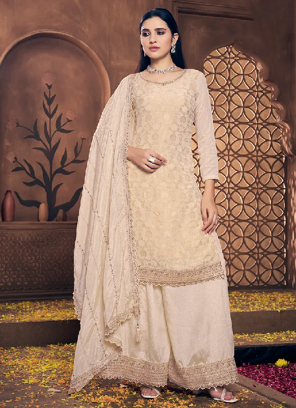 Epic Deals Beige Golden Embroidery Festive Palazzo Suit