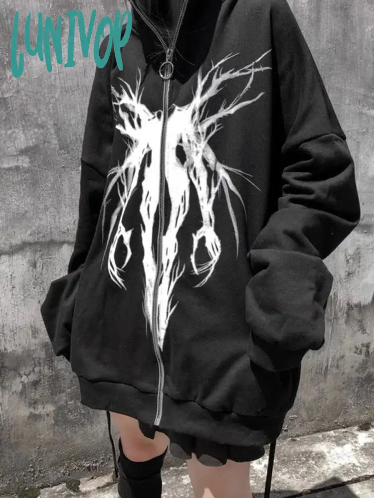 Lunivop Oversize Full Zip Graphic Hoodies Women Grunge Streetwear Black Zip Up Hooded Sweatshirts Men Goth Hip Hop Couple Tops