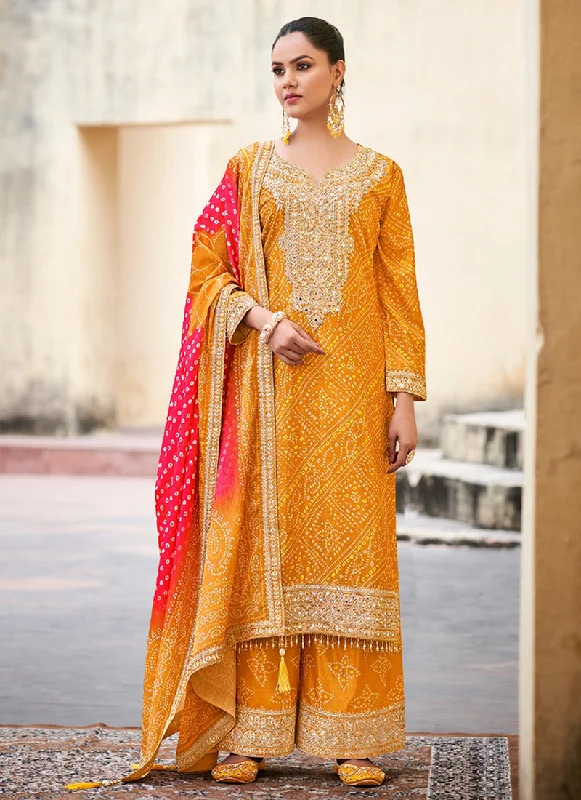 Major Savings Yellow And Red Mirror Embroidery Bandhani Palazzo Suit