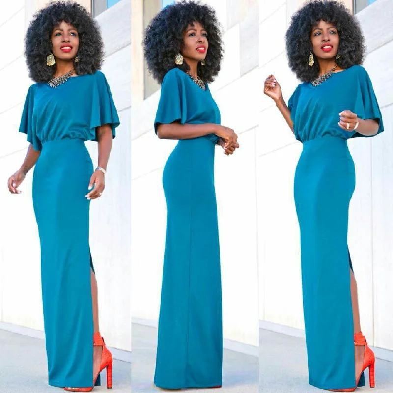 Exclusive Preview Pure Color Slit O-neck Short Sleeve Long Dress