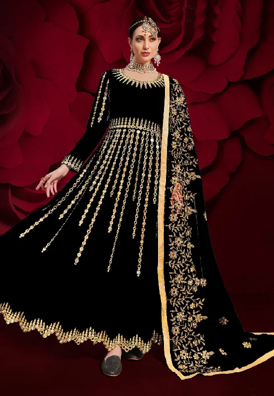 Act Fast Black Golden Mirror Work Flared Anarkali Pant Suit