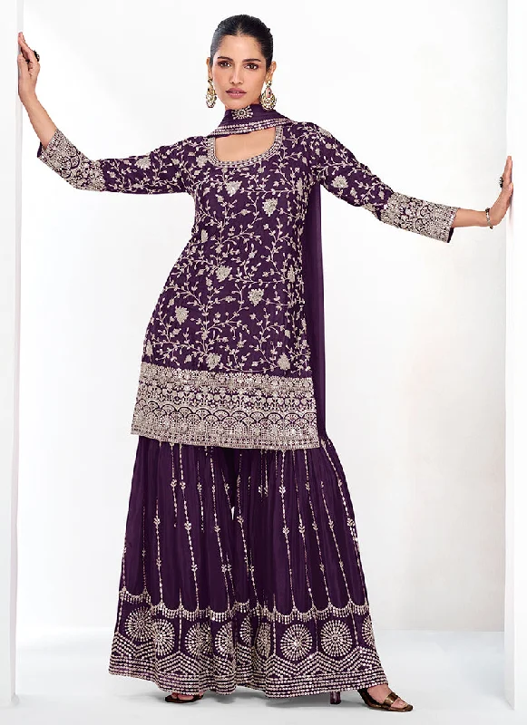 Final Clearance Deep Purple Traditional Embroidery Festive Gharara Suit