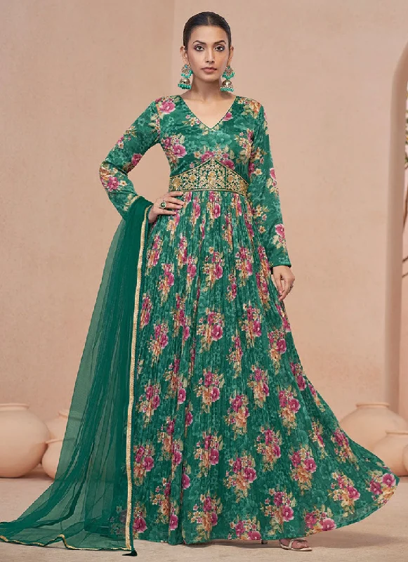 Price Cut Rama Green Floral Print And Handwork Embroidery Anarkali Style Gown