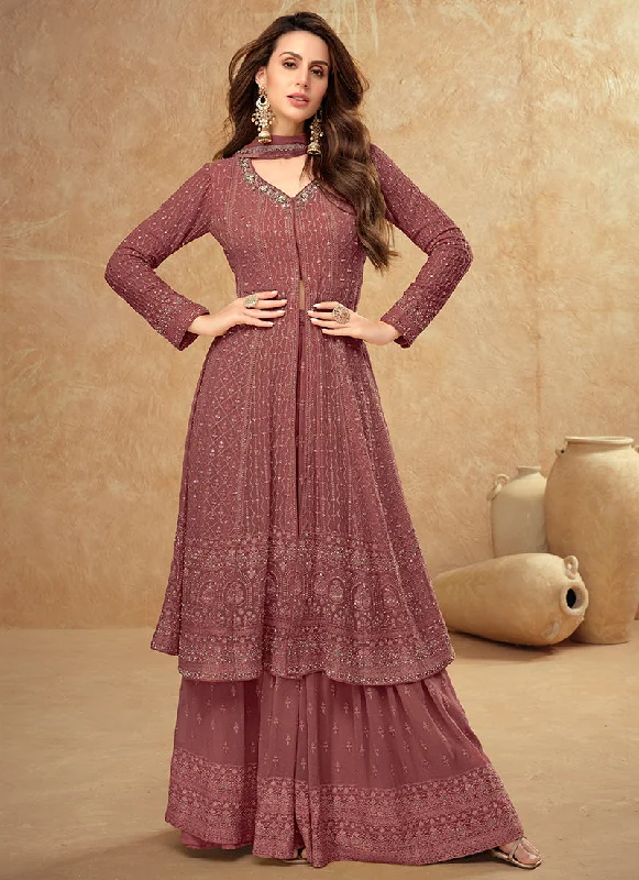 Limited Availability Rust Red Traditional Embroidery Slit Style Anarkali Palazzo Suit