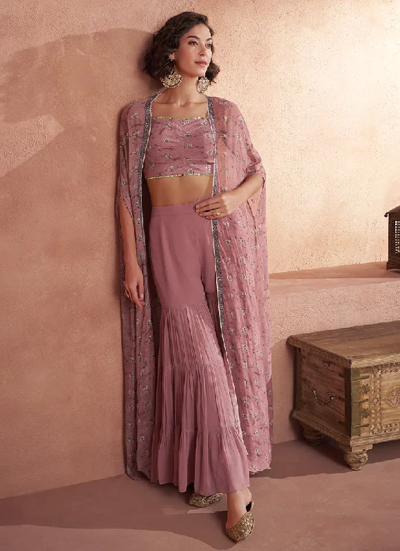 Instant Discount Pink Sequence Embroidery Cape Style Palazzo Suit