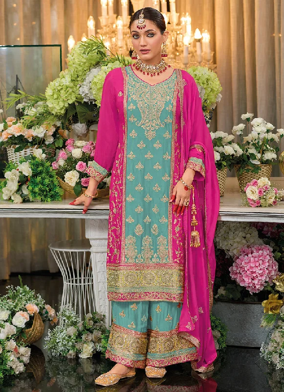 Discount Mania Blue And Rani Pink Multi Embroidery Palazzo Style Suit