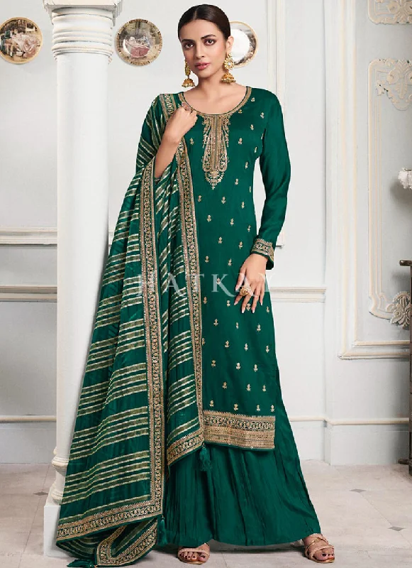 The Best Prices Dark Green Embroidered Palazzo Style Suit